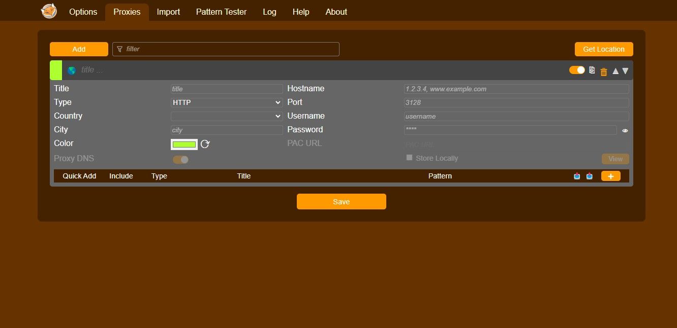 Proxy fields in Chrome FoxyProxy