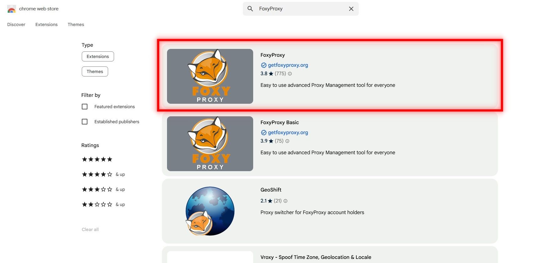 Find FoxyProxy in Chrome Web Store