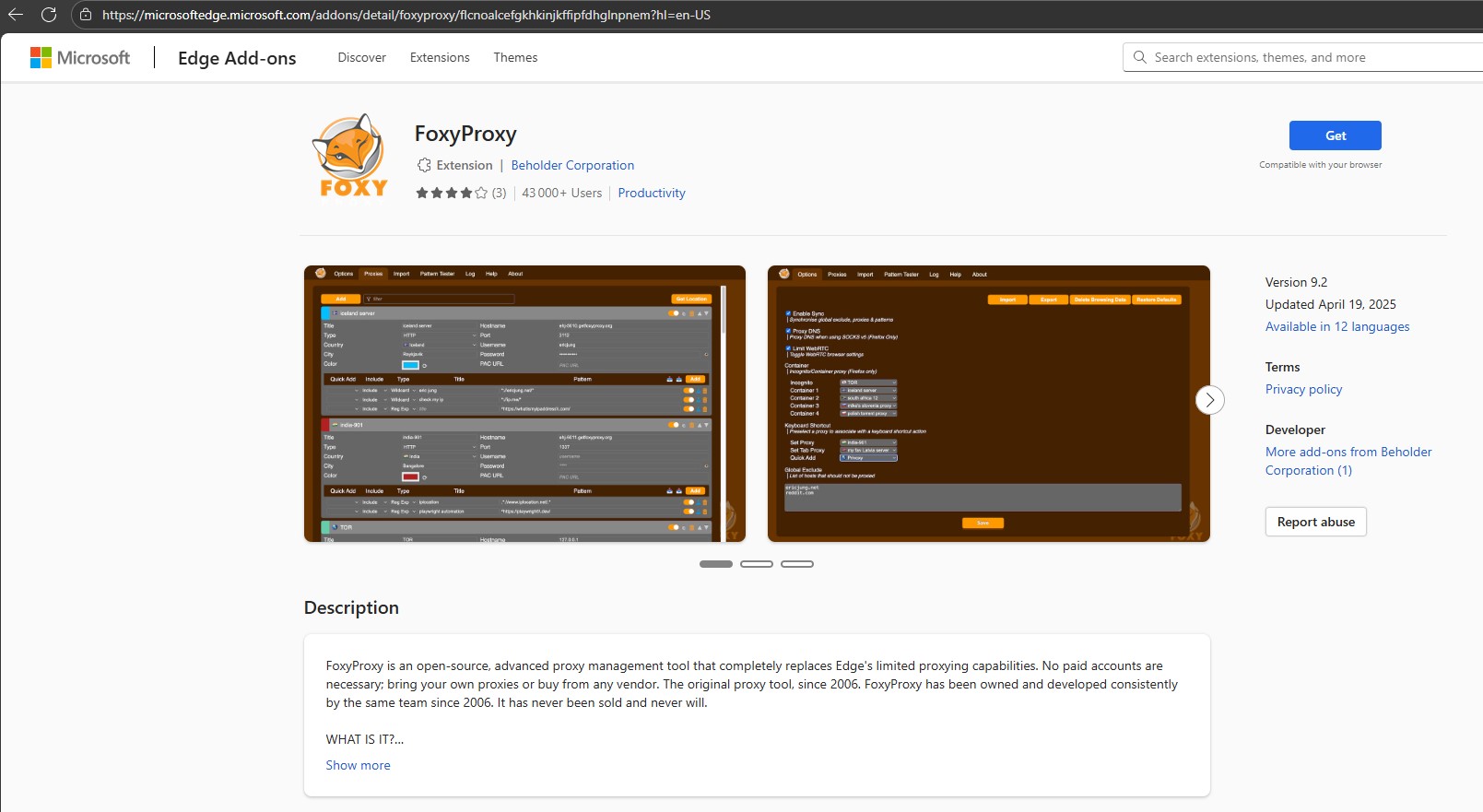 Edge Add-ons store page for FoxyProxy